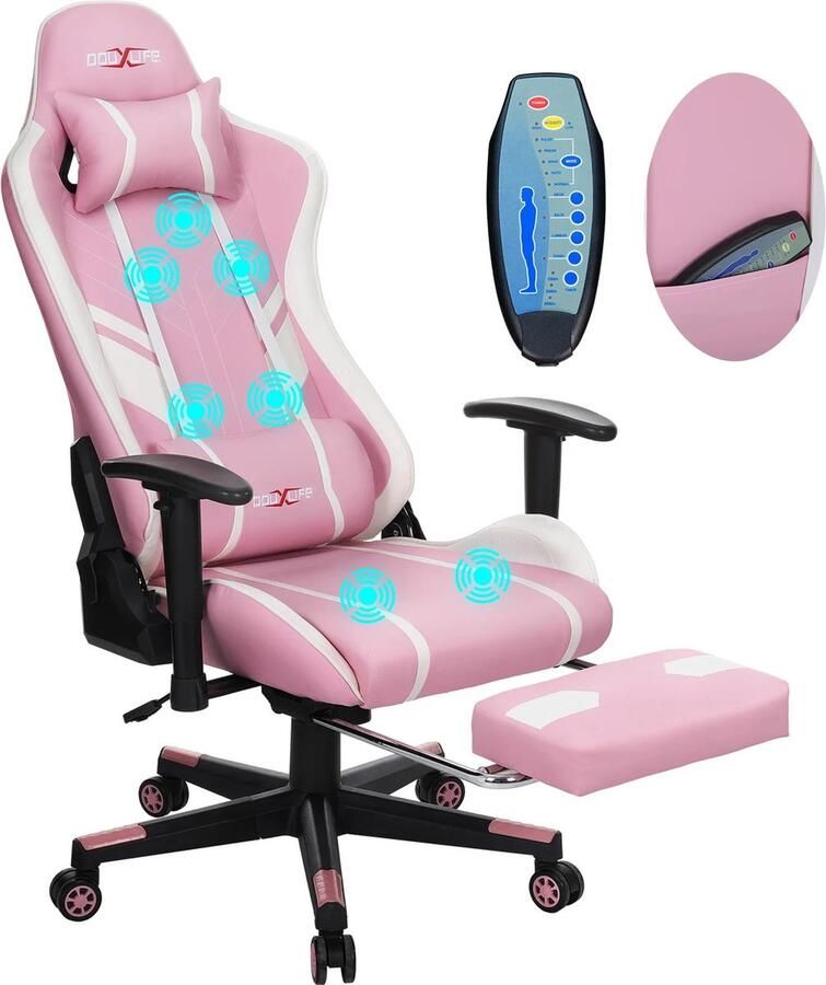 SteeFly GC-RC03 gaming bureaustoel Ergonomische bureaustoel Stoel Gaming stoel wit roze met massagefunctie