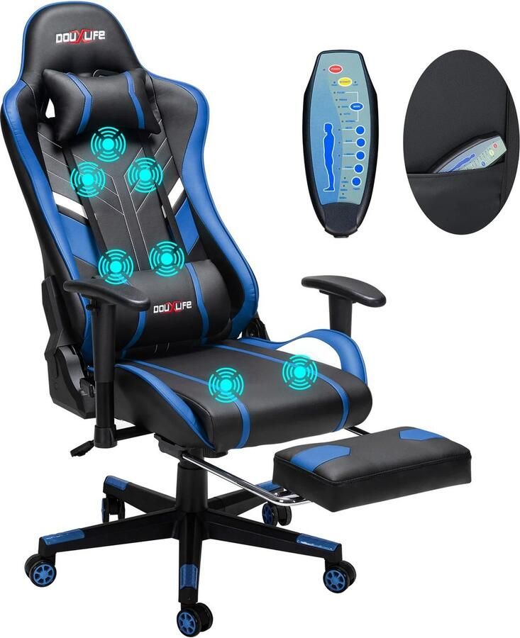 SteeFly GC-RC03 gaming bureaustoel Ergonomische bureaustoel Stoel Gaming stoel zwart donkerblauw met massagefunctie