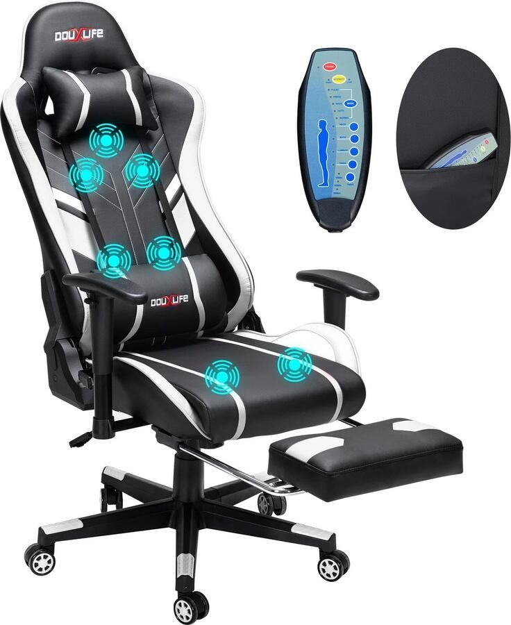 SteeFly GC-RC03 gaming bureaustoel Ergonomische bureaustoel Stoel Gaming stoel zwart wit met massagefunctie