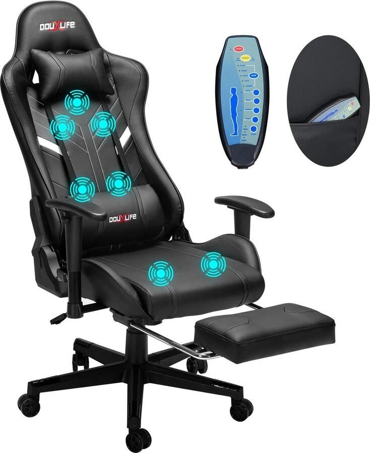 SteeFly GC-RC03 gaming bureaustoel Ergonomische bureaustoel Stoel Gaming stoel zwart zwart met massagefunctie