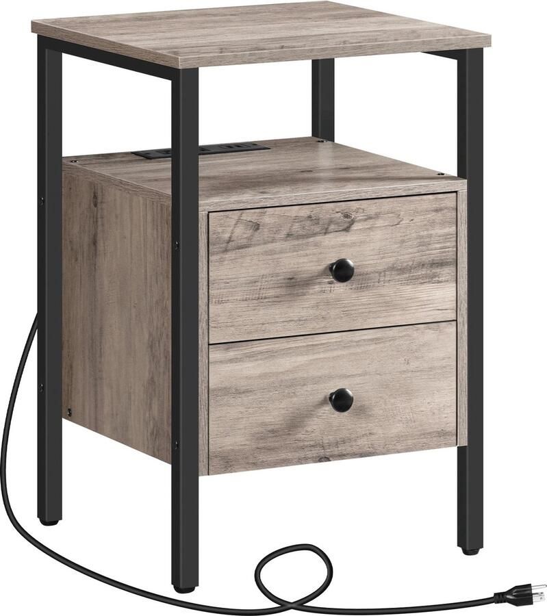 SteeFly Houten nachtkastje Stijlvolle Kast Ingebouwde lader & USB Modern design Afmetingen: 40x40x61 cm Grijs