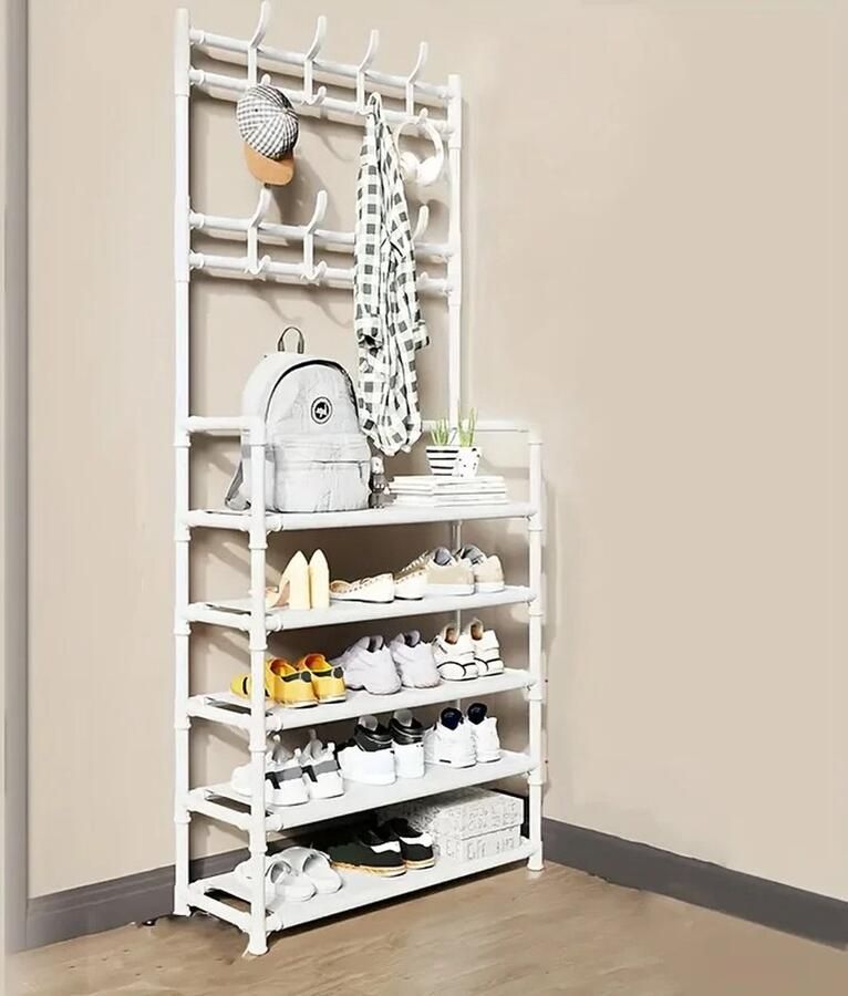 SteeFly Kapstok Schoenenkast Industriële Look 5 Lagen Multifunctioneel Kleding En Schoenrek RVS 8 Haken 154cm hoog