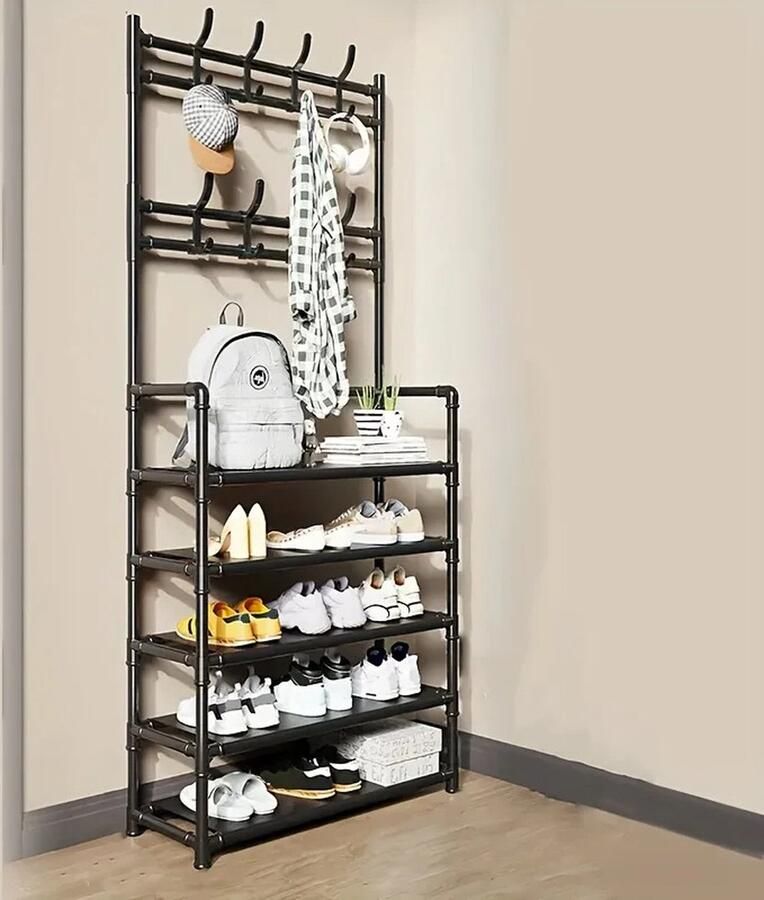 SteeFly Kapstok Schoenenkast Industriële Look 5 Lagen Multifunctioneel Kleding En Schoenrek RVS 8 Haken 154cm hoog