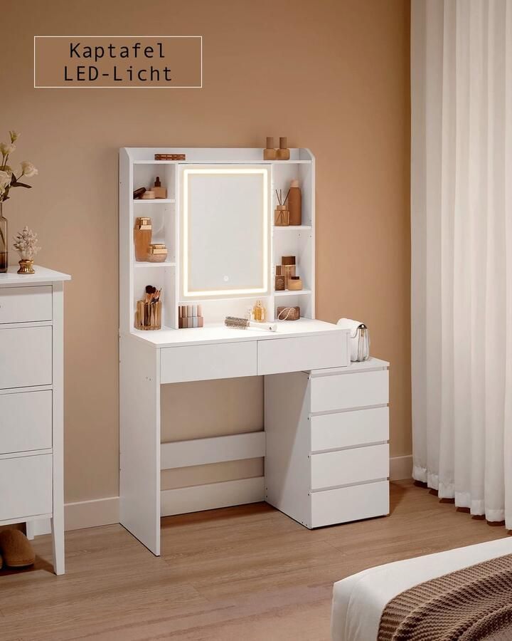 SteeFly Kaptafel Met Spiegel Bureau Met LED Verlichting Moderne Make-Up Tafel Veel Opbergruimte Wit Strak Design