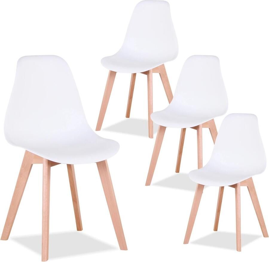 SteeFly Luxe eetkamerstoelen Set van 4 design stoelen Ergonomisch comfort Wit met hout onderstel Zithoogte: 43 cm