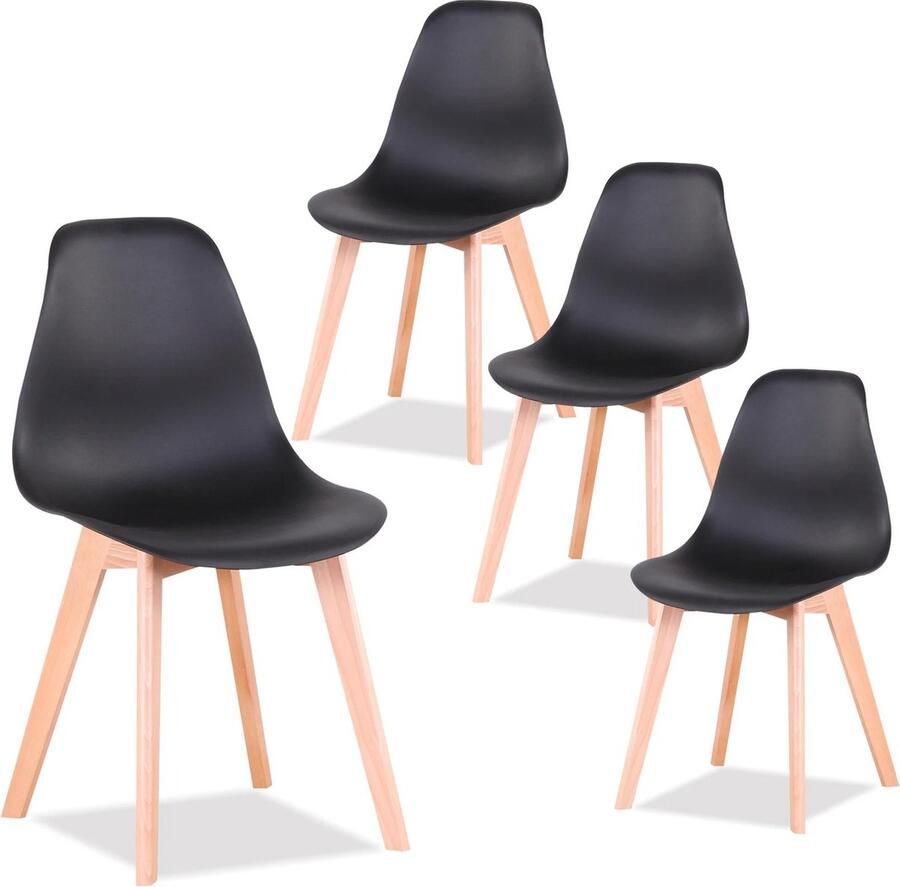 SteeFly Luxe eetkamerstoelen Set van 4 design stoelen Ergonomisch comfort Zwart met hout onderstel Zithoogte: 43cm
