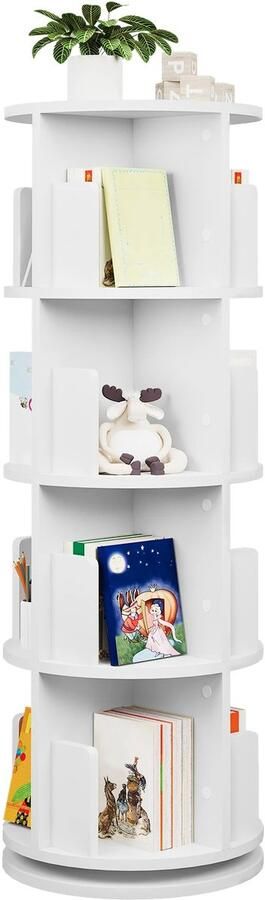 SteeFly Roterende Boekenkast Ruimtebesparend 4 verdiepingen Boekenplank met 16 compartimenten 127 4cm hoog Wit