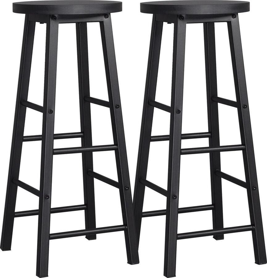 SteeFly Set van 2 Massief Houten Hoge Barkrukken Zwart Bistro Kruk Stabiele Duurzame Stalen Structuur MDF Zetel Koffie Stoel Home Decor Kruk