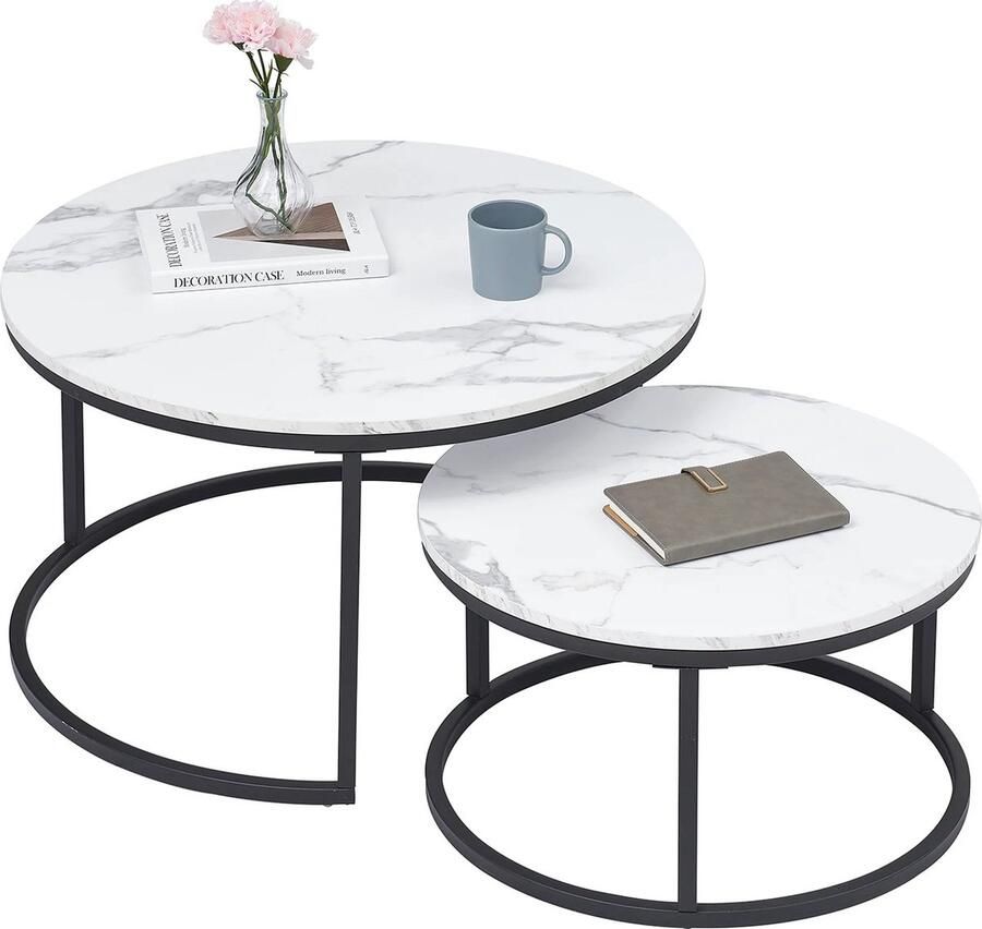 SteeFly Set van 2 luxe design tafels Ronde bijzettafel Marmeren look & zwart frame Stijlvolle set Diameter: 60&80cm