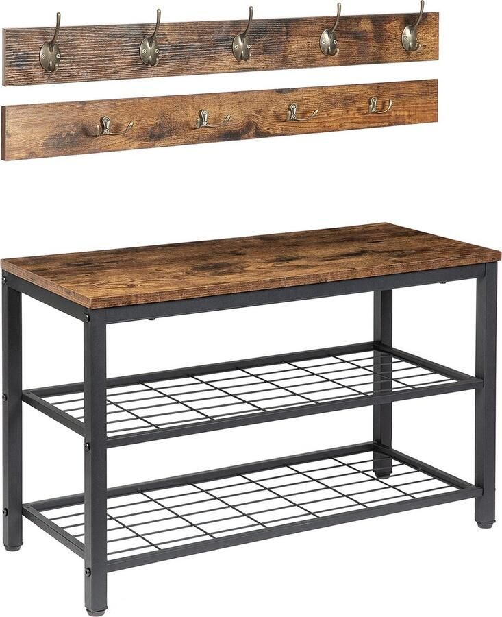 SteeFly Set van Kapstok & Schoenenbank Ingang Schoenenrek Met 9-haken Rustic Brown Grootte: 30x70x46cm
