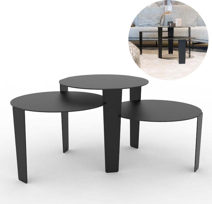 Steelful Salontafel Rond Salontafel Set Bijzettafel Set Van Drie Zwart