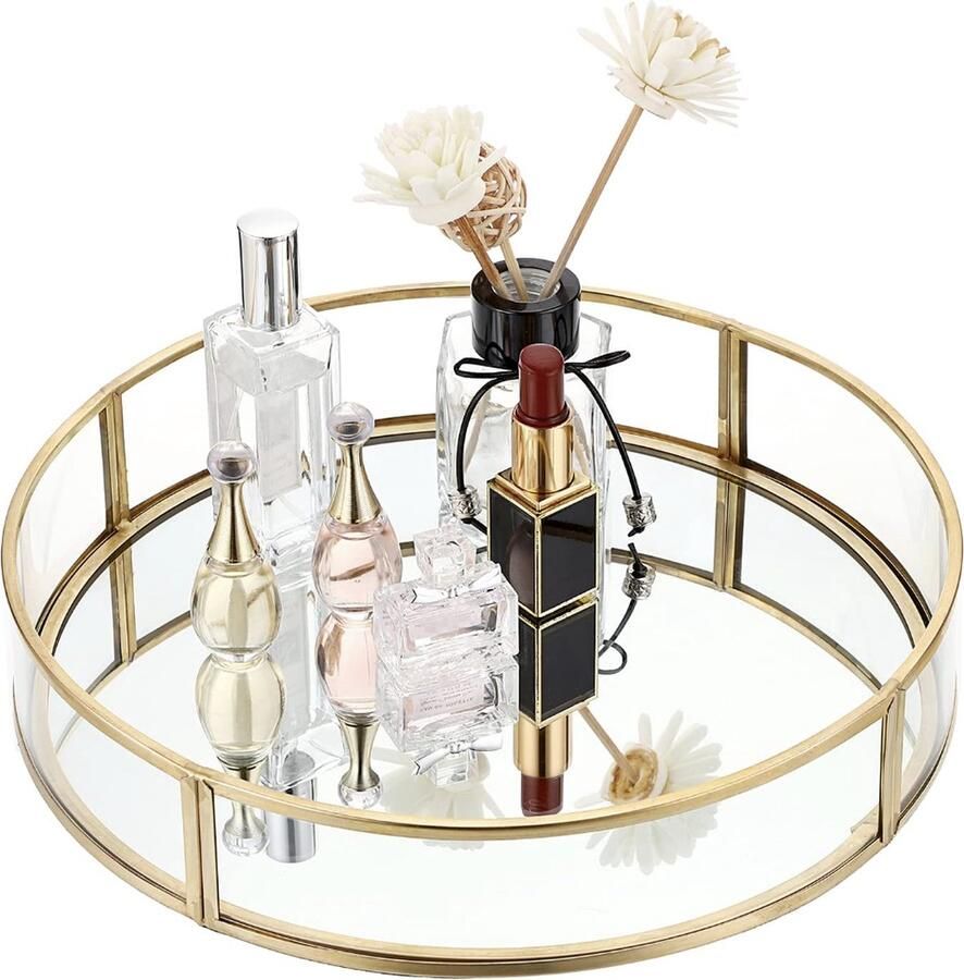 Stellar Gouden Ronde Parfum Plateau Sieradenopslag met Spiegel voor Sieraden Cosmetica en Parfumflesjes Sieradenorganizer voor Kaptafel Gouden ronde parfumborden Dienblad