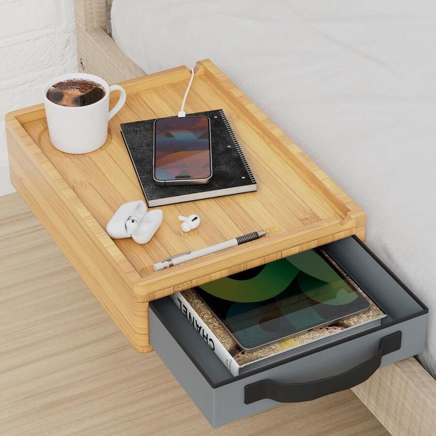 Stellar Hangend Nachtkastje Met Laden Met Kabelhouder Bamboe Ruimtebesparend Eenvoudige Installatie