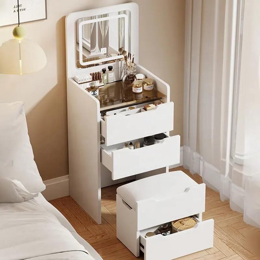 StellarWorks Kaptafel met spiegel & LED Verlichting Multifunctionele Make Up Tafel Nachtkastje Make Up Organizer Wit Ruimtebesparend Design - Foto 2