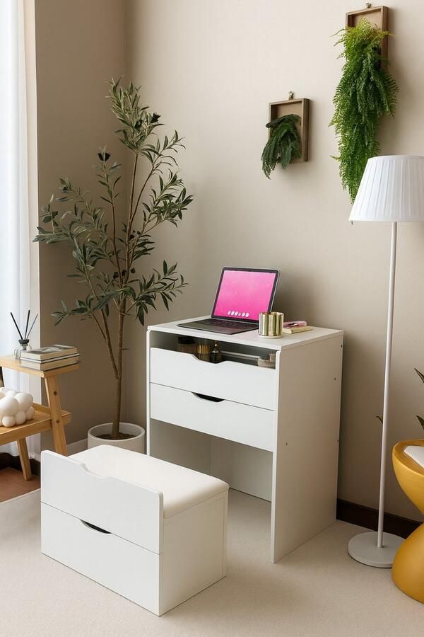 StellarWorks Kaptafel met spiegel & LED Verlichting Multifunctionele Make Up Tafel Nachtkastje Make Up Organizer Wit Ruimtebesparend Design