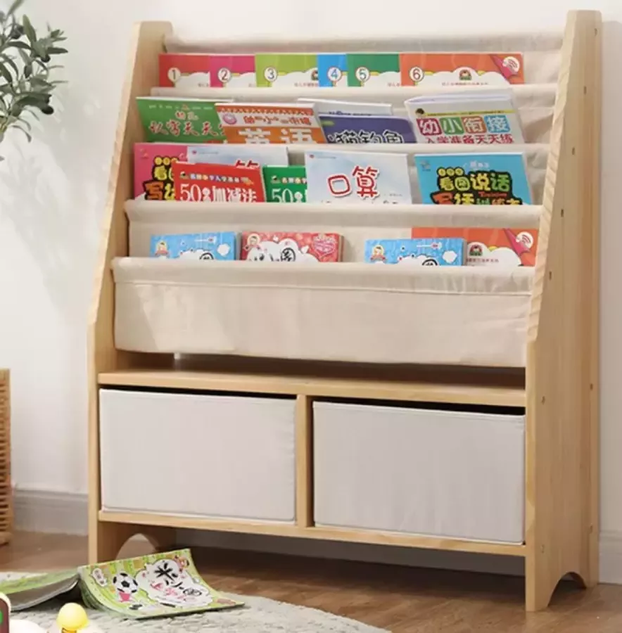 WonderMind 【Massief Houten】 2-in-1 Multifunctionele Kinderboekenrek 4-laags W80 x D30 xH95 Opbergkast Solide houten boekenkast voor kinderen Boekenplank Boekenopslag Opbergruimte Speelgoed Opbergrek Kinderkamer Kast Organizer Speelgoedrek