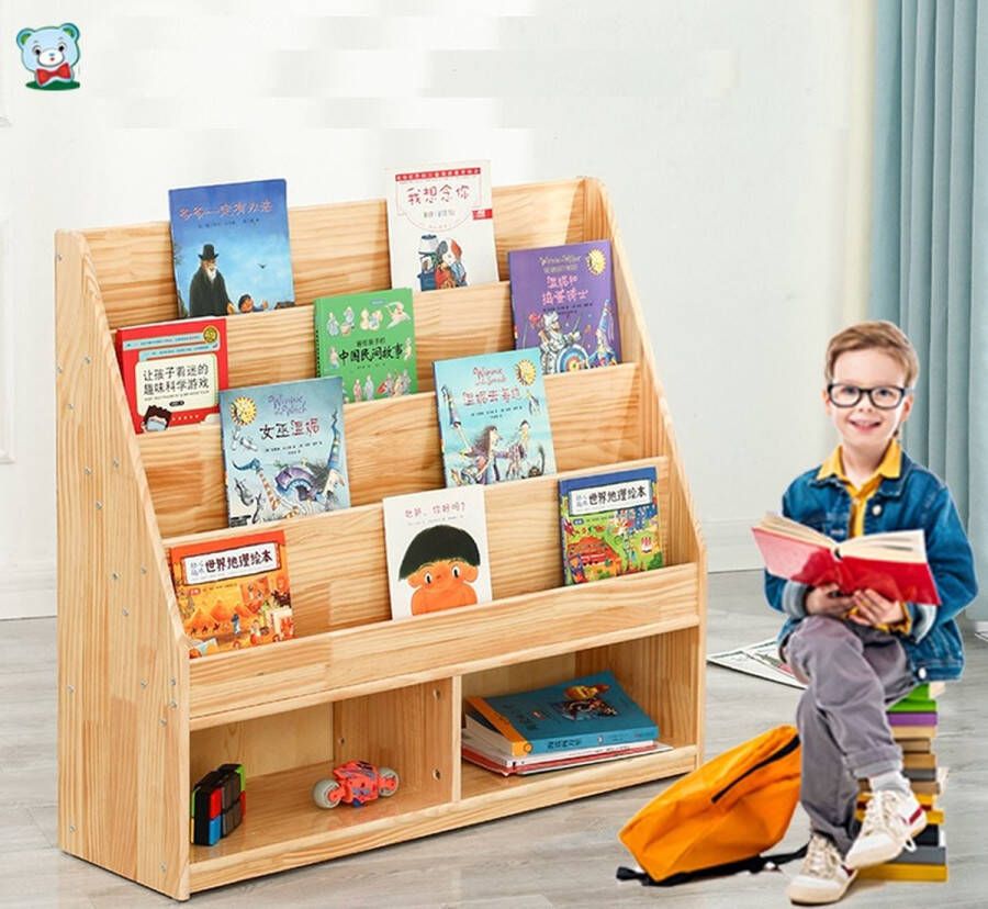 WonderWild 【Massief Hout】Kinderboekenrek met Speelgoedrek 4-laags W95 x D35 x H95 Opbergkast Solide houten boekenkast voor kinderen Boekenplank Boekenopslag Opbergruimte Speelgoed Ruimtebesparend opbergrek Kinderkamer Kast-Organizer