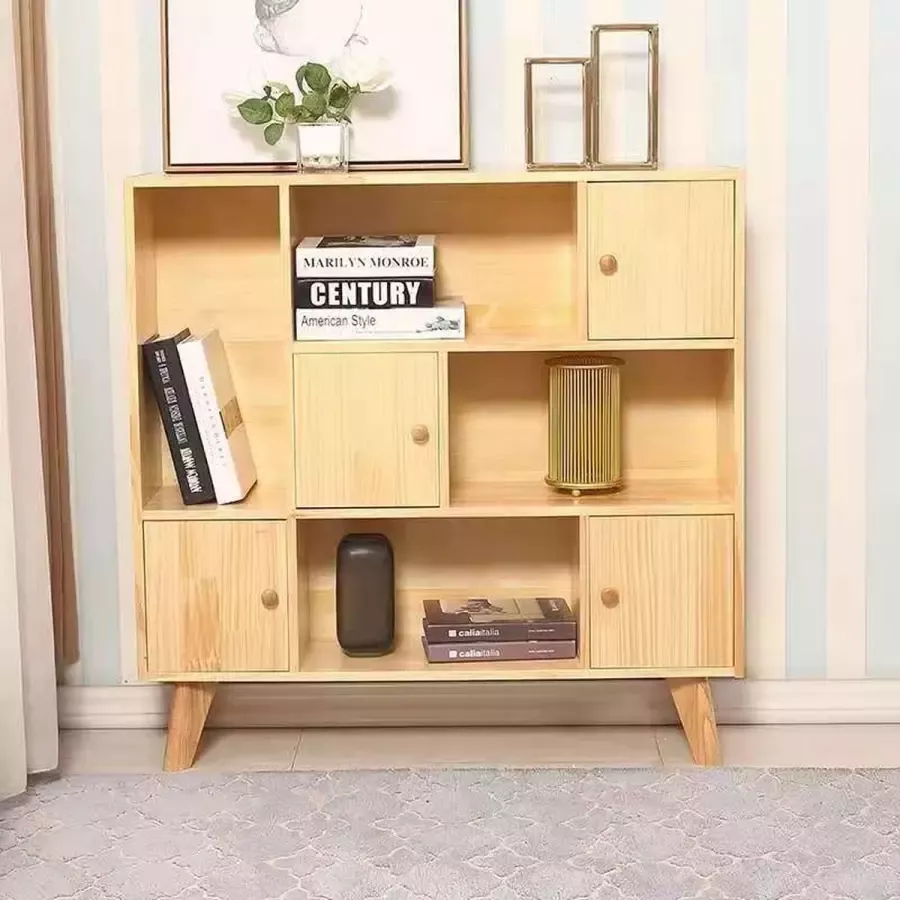 StepStone Massief Hout Kinderboekenrek Speelgoedrek met Deuren B97cm×H96cm×D24cm Primaire Kleuren Boekenkast voor kinderen Bookcase -Boekenplank Kinderkamerkast Speelgoedrek Opbergrek Organizer Speelgoedkast Boekenrek