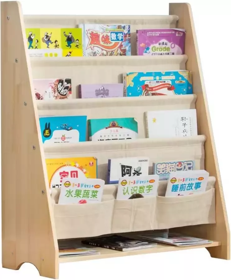 WonderMind 【Massief Houten + Katoen】XXL Kinderboekenrek Kinderboekenkast Kinderboekenplank W90 x D35 x H85 cm Boekenkast voor Kinderen Speelgoedrek Speelgoedkast Speelgoedbox Opbergkast Kinderkast Opbergmeubel Montessori Boekenplank Ongecoat