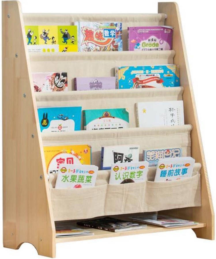 WonderMind XL Massief Houten Kinderboekenrek 6 niveaus【Gewoon Hout + Katoen GEEN MDF】- W76×H83×D28cm Grenen Houtkleur & Beige Boekenkast voor kinderen Bookcase Boekenplank Kinderkamerkast Speelgoedrek Opbergrek Speelgoedkast Boekenrek