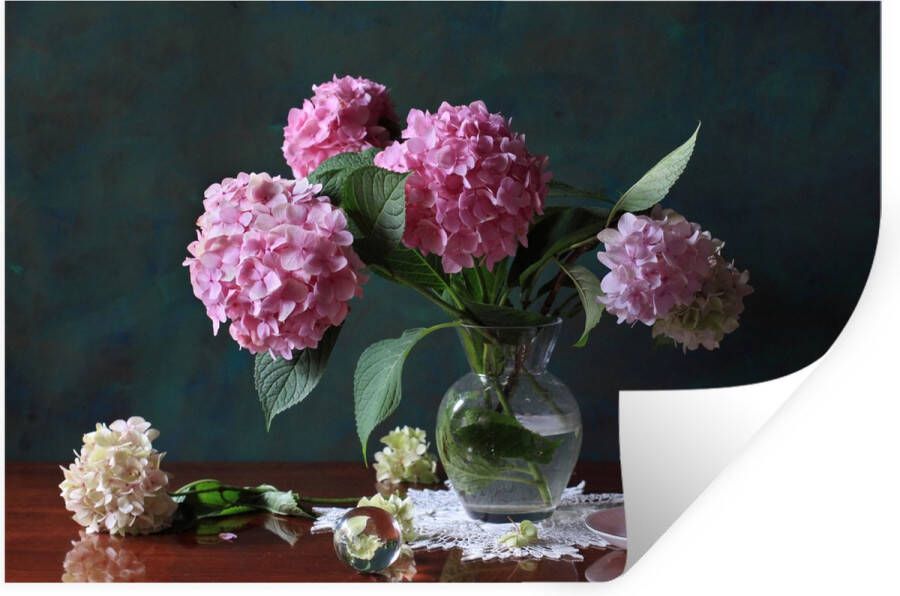 StickerSnake Muurstickers Sticker Folie Stilleven hortensia's en theekop op tafel 30x20 cm Plakfolie Muurstickers Kinderkamer Zelfklevend Behang Zelfklevend behangpapier Stickerfolie