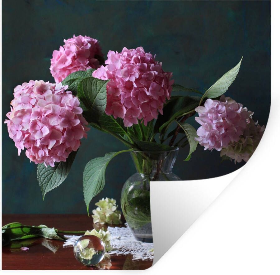 StickerSnake Muurstickers Sticker Folie Stilleven hortensia's en theekop op tafel 80x80 cm Plakfolie Muurstickers Kinderkamer Zelfklevend Behang Zelfklevend behangpapier Stickerfolie