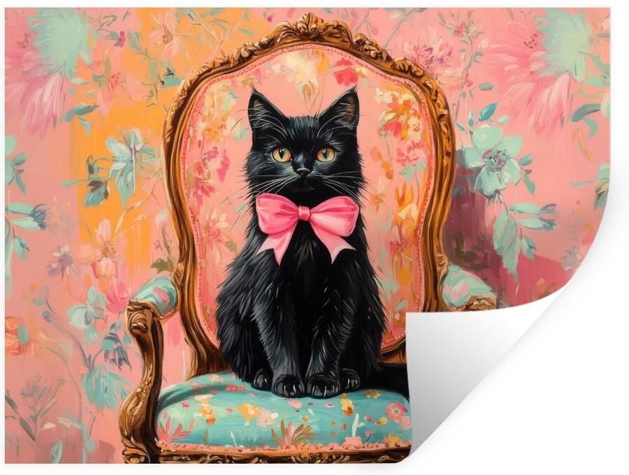 StickerSnake Muurstickers Sticker Folie Kat Roze Stoel met bloemenmotief 40x30 cm Plakfolie Muurstickers Kinderkamer Zelfklevend Behang Zelfklevend behangpapier Stickerfolie