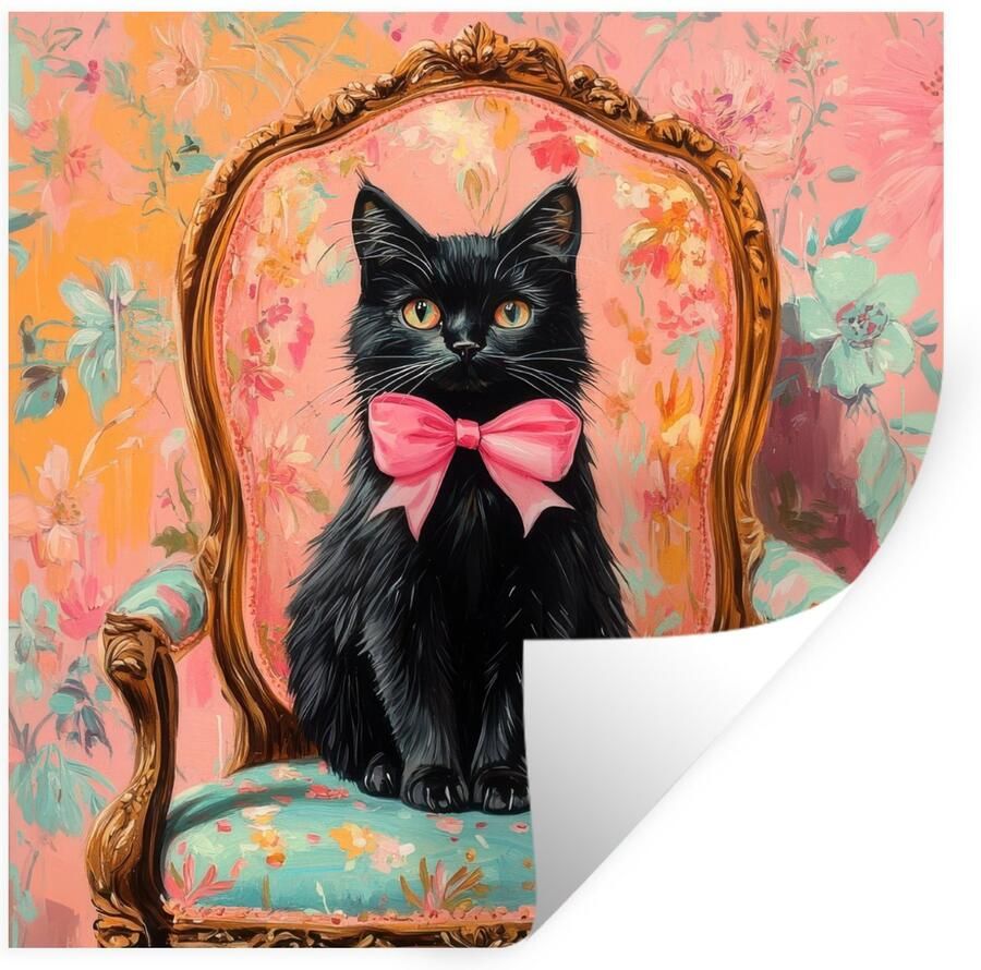 StickerSnake Muurstickers Sticker Folie Kat Roze Stoel met bloemenmotief 100x100 cm Plakfolie Muurstickers Kinderkamer Zelfklevend Behang XXL Zelfklevend behangpapier Stickerfolie
