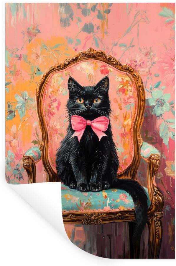 StickerSnake Muurstickers Sticker Folie Kat Roze Stoel met bloemenmotief 60x90 cm Plakfolie Muurstickers Kinderkamer Zelfklevend Behang Zelfklevend behangpapier Stickerfolie