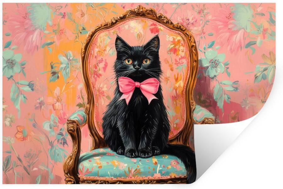 StickerSnake Muurstickers Sticker Folie Kat Roze Stoel met bloemenmotief 60x40 cm Plakfolie Muurstickers Kinderkamer Zelfklevend Behang Zelfklevend behangpapier Stickerfolie