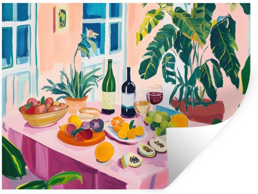 StickerSnake Muurstickers Sticker Folie Tafel Wijn Fruit 120x90 cm Plakfolie Muurstickers Kinderkamer Zelfklevend Behang Zelfklevend behangpapier Stickerfolie