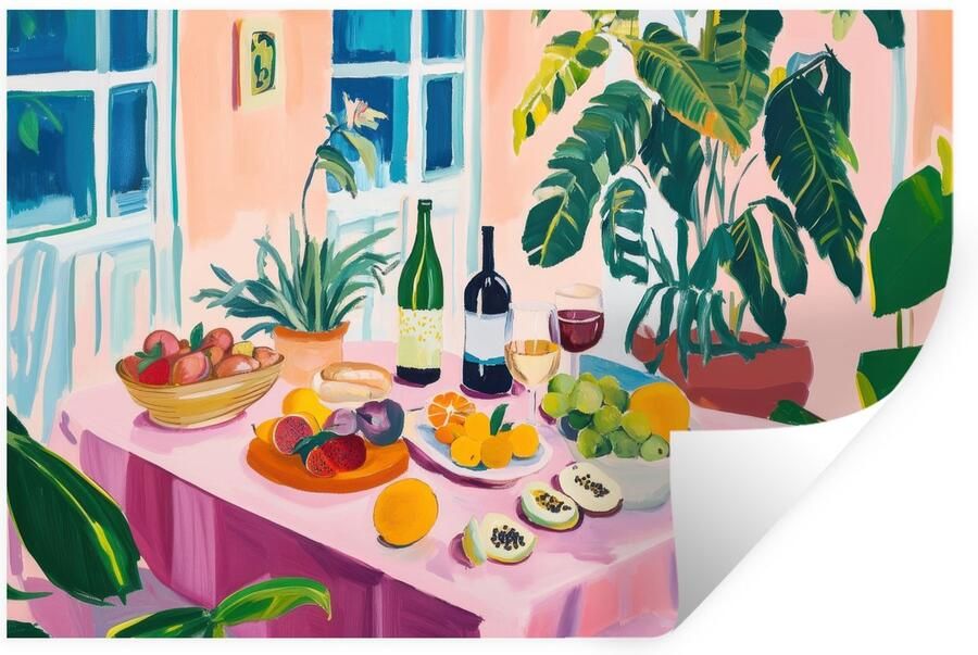 StickerSnake Muurstickers Sticker Folie Tafel Wijn Fruit 90x60 cm Plakfolie Muurstickers Kinderkamer Zelfklevend Behang Zelfklevend behangpapier Stickerfolie