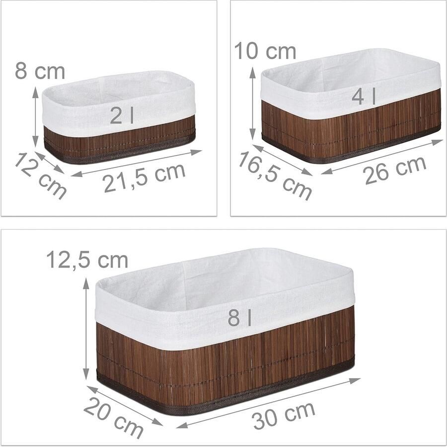 Storage 12x Baskets with Fabric Bamboo Rectangular 3 Sizes for Toys Accessories Bathroom Brown