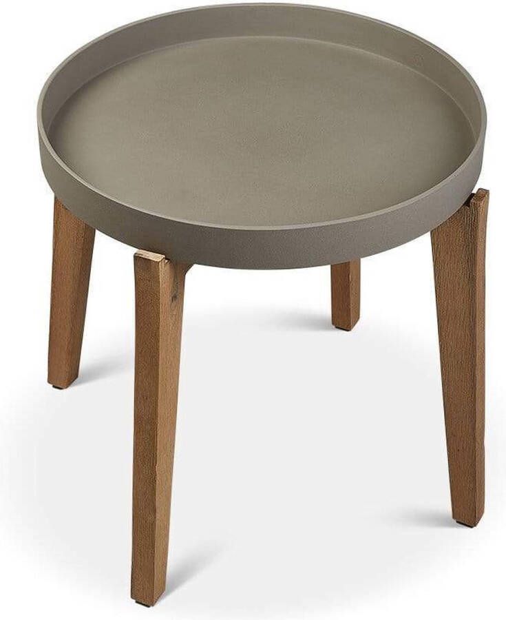 Storm Bijzettafel rond Anco sandstone L lichtgrijs met acacia houten poten B 61 x D 61 x H 50 voor binnen en buiten met zelf te boren Afwateringsgat Bloempotten Plantenbak Plantenpot Tuinbalkon Vierkante meter tuin