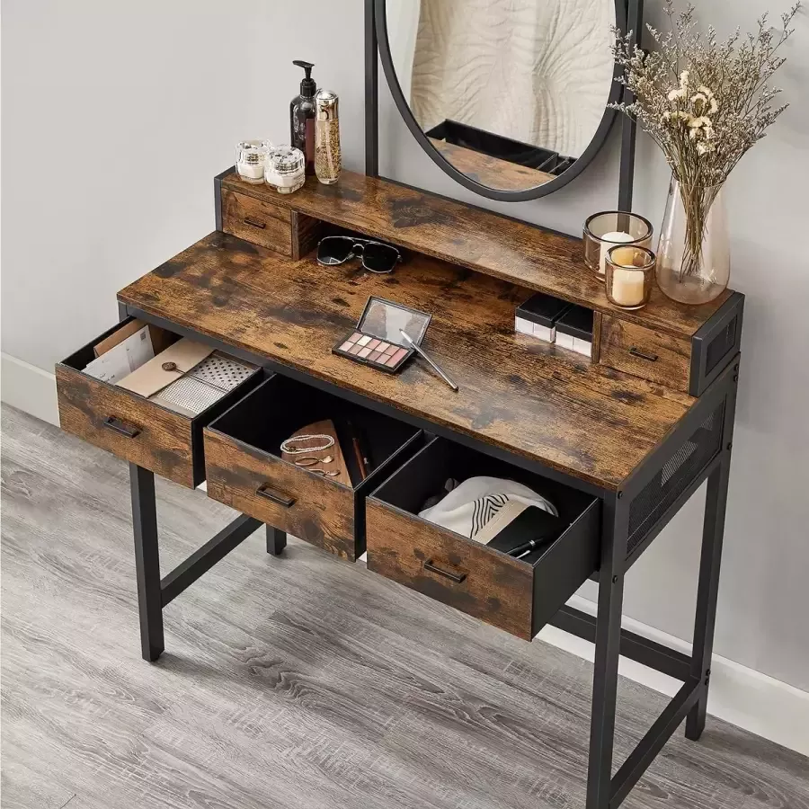 Meubel Gigant Kaptafel Make-up tafel Met ovale spiegel En krukje 3 Lades Bruin Zwart