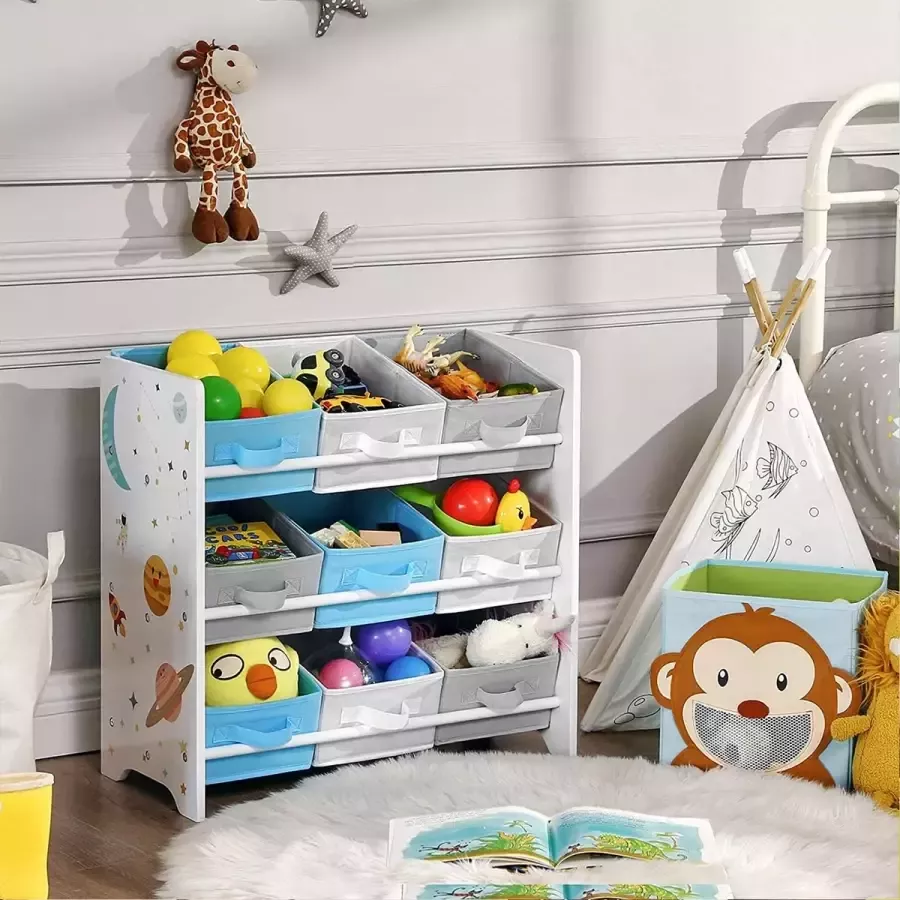 STRAK Meubelen kinderkamerplank speelgoed organizer boekenkast voor kinderen Met 9 opbergdozen Van fleece kinderkamer Wit Blauw