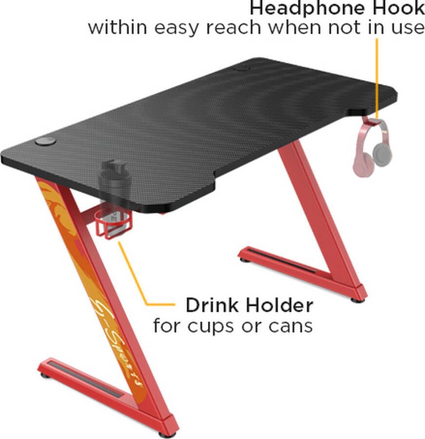 Stralex Z‑vorm Gamingbureau 120x60x75cm Bekerhouder + Headset‑haak Gaming Bureau met Cuphouder en Headsetmount Strak Design met Ergonomisch Tafelblad Stevige basis - Foto 4