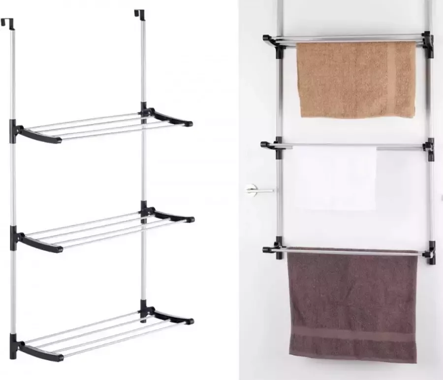 Studentenwinkel Kledingrek Deur Uitschuifbaar tot 6 5 meter 3 Legplanken Zilver-Zwart Waslijn voor aan de deur Waslijn voor aan de muur Droogrek