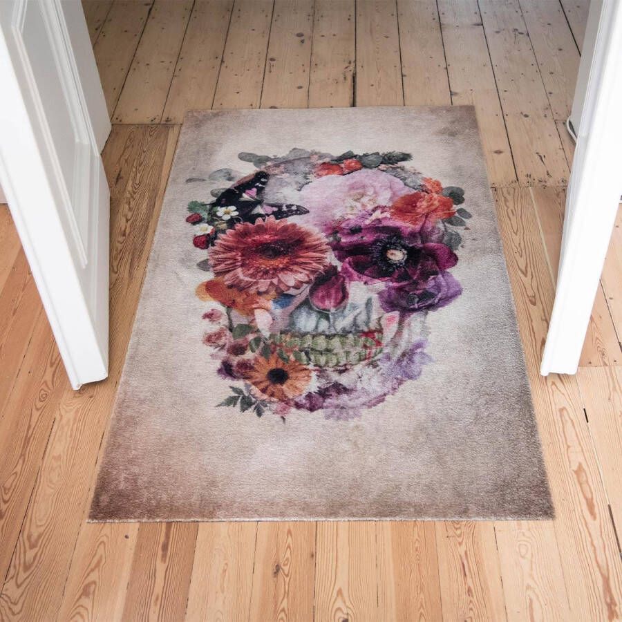 Studio M Vloerkleed laagpolig HOME Tapijt woonkamer Tapijt slaapkamer Vloerkleed vintage skull 90 x 150 cm Doodshoofd met bloemen Beige - Foto 2