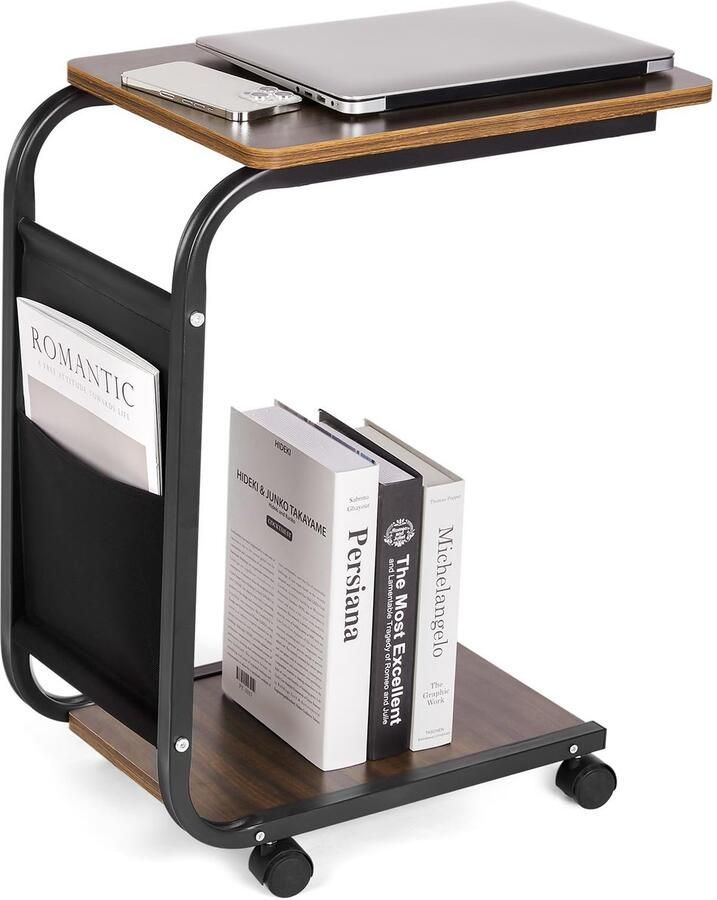 Stunq C-vormige houten bijzettafel met wielen 45 x 30 x 65 cm en opbergtas voor veelzijdig gebruik