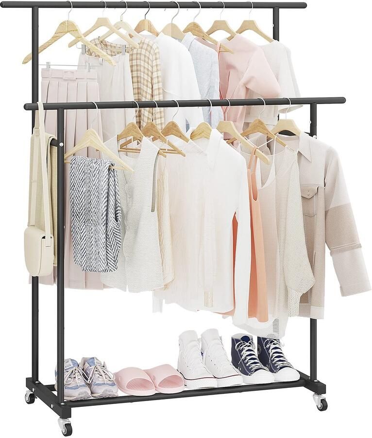 Stunq Dubbel Kledingrek op Wielen voor Ruimtes en Gebruik in Zwart