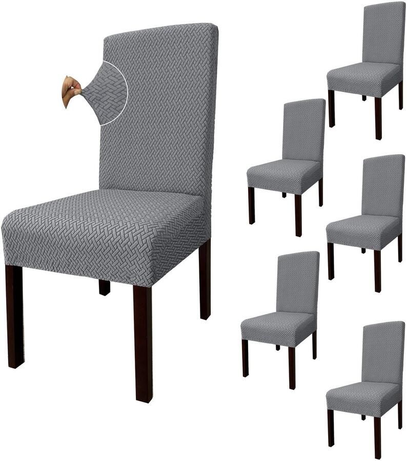 Stunq Elastische stoelhoezen set van 6 met jacquard patroon voor alle seizoenen 48 x48 x 60 cm Grijs