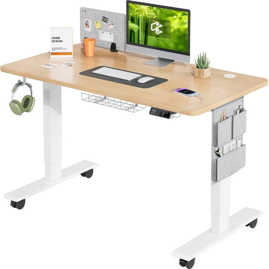 Stunq Elektrisch verstelbaar bureau met geheugenfuncties en handige accessoires Wit Beige Hout OAK kleur
