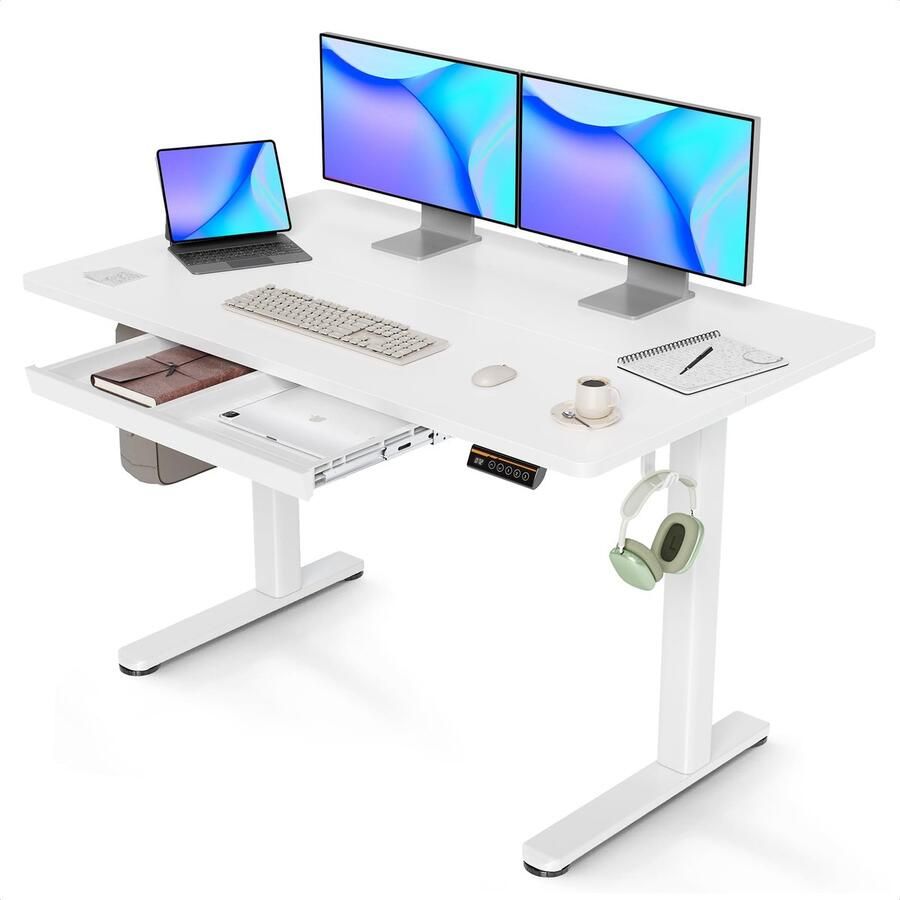 Stunq Elektrisch verstelbaar bureau met lade en geheugenfuncties voor thuiswerk bureau wit 61 x 122 x 72 cm
