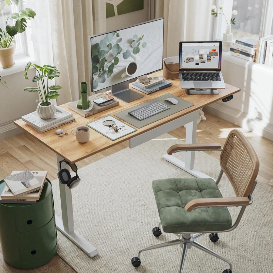 Stunq Ergonomisch verstelbaar sta-bureau met lade en geheugeninstellingen bureau bruin 120 x 60 x 75 cm