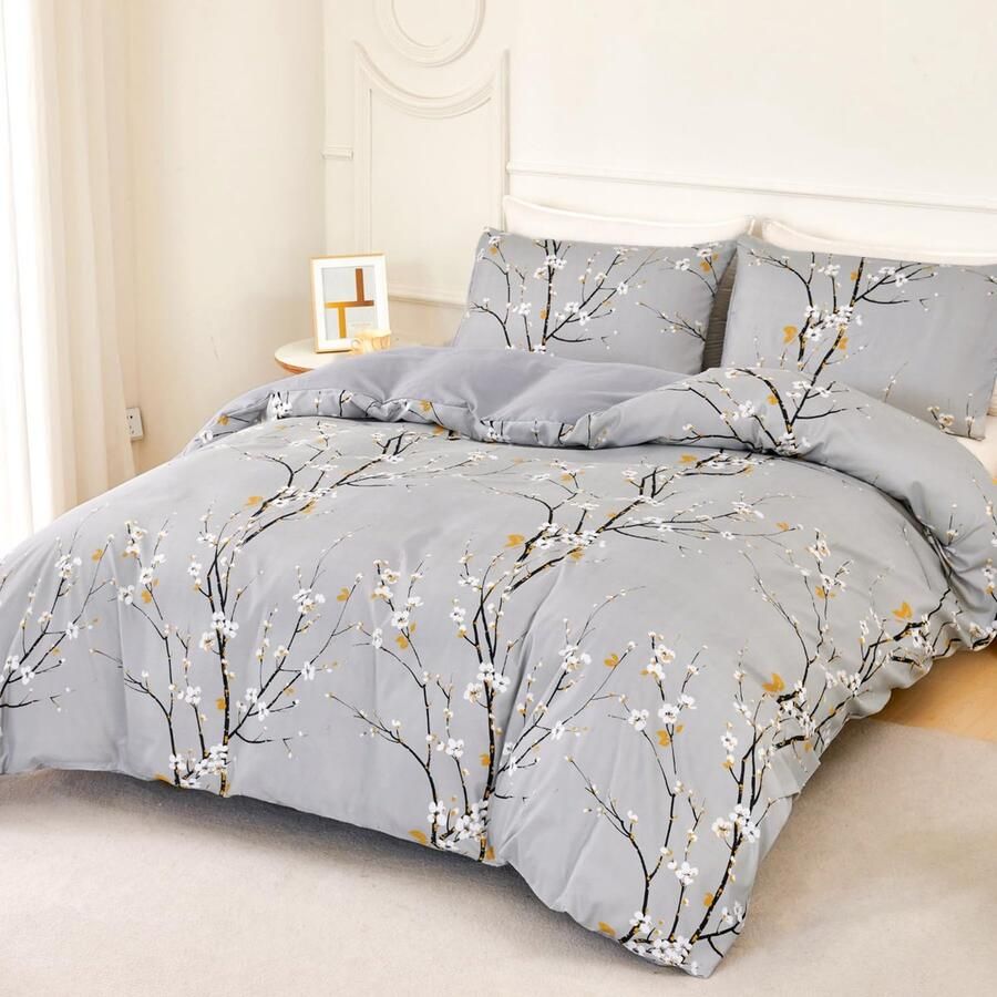 Stunq Grijze beddengoedset 230 x 260 cm met bladmuster voor extra groot bed inclusief kussensloop Microvezel Grijs