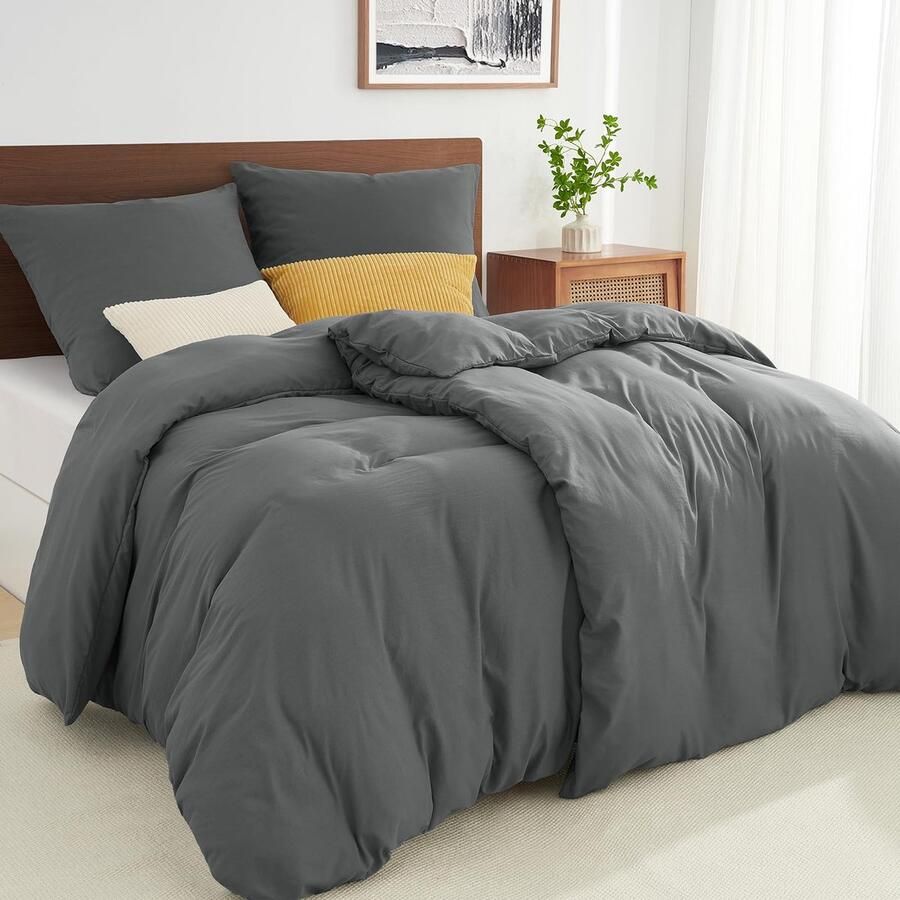 Stunq Grijze microvezel bedden goed set 240 x 260 cm strijkvrij dekbedovertrek en kussenslopen Grijs