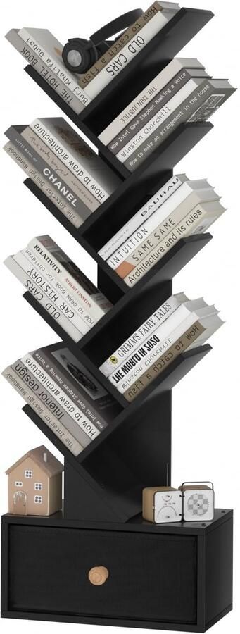 Stunq Houten boomvormige boekenkast met lade en acht niveaus voor elke ruimte