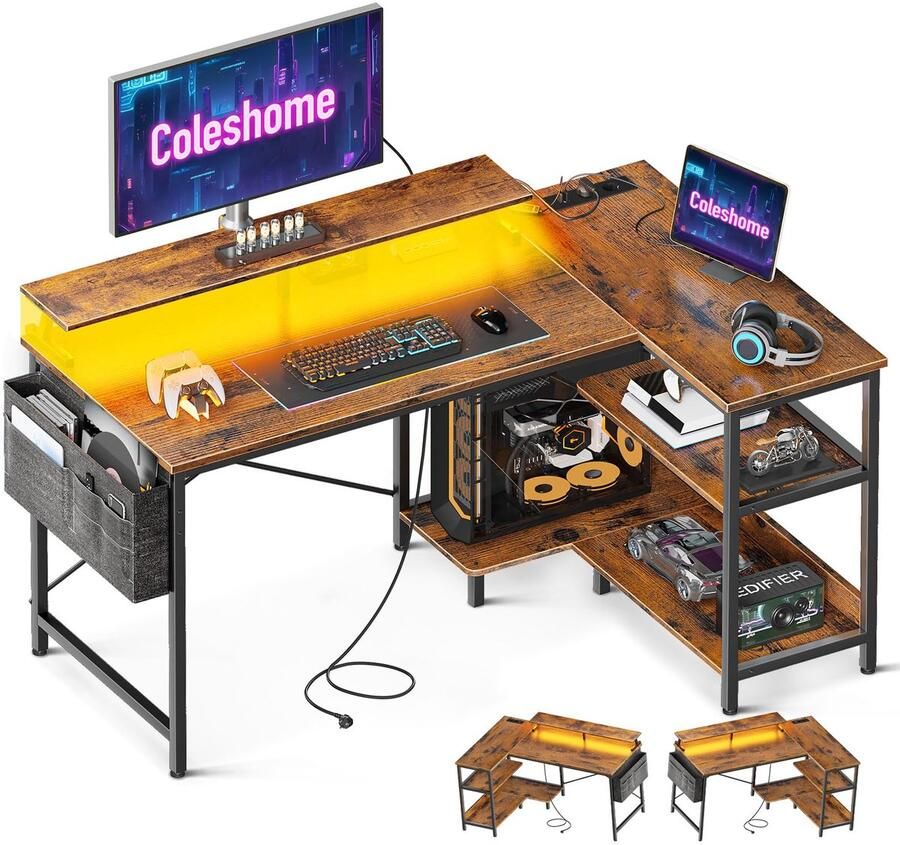 Stunq L-vormig gamingbureau met LED-verlichting en opbergruimte voor kantoor bureau zwart en bruin 80 x 120 x 87 cm