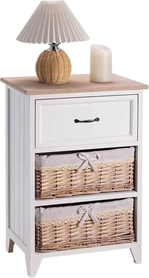 Stunq Landelijk wit nachtkastje met lade en manden voor stijlvolle slaapkamer